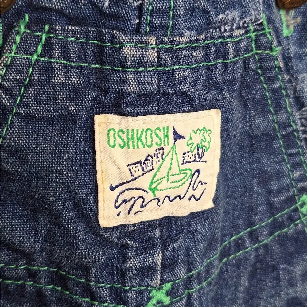 Vintage OshKosh B'Gosh Vestbak Baby Denim Sailboat Bubble Bib Overall 6-9 mo USA
